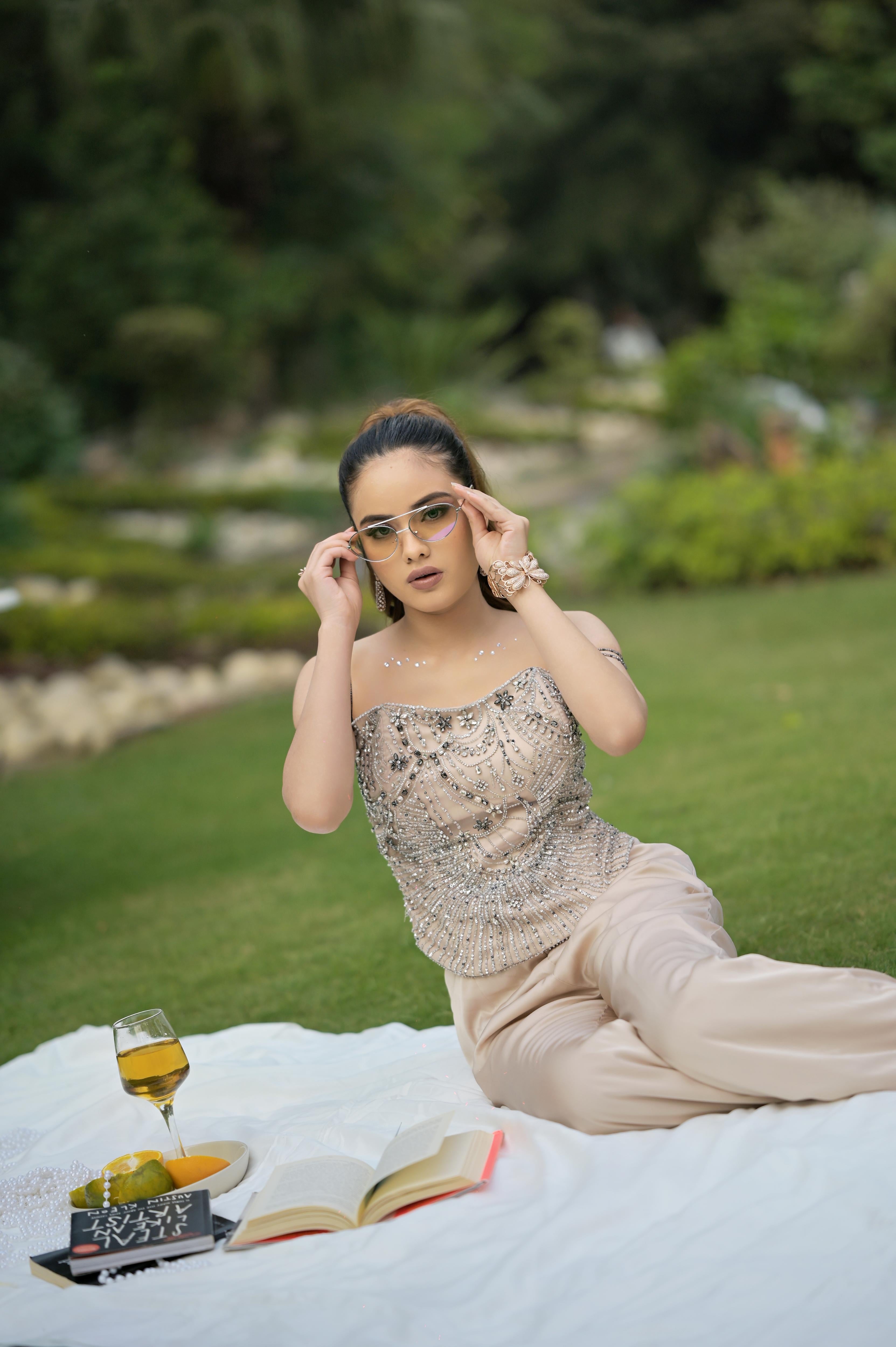 Soft Nude crystal hand-embroidered corset with a double-flap back, paired with satin pants