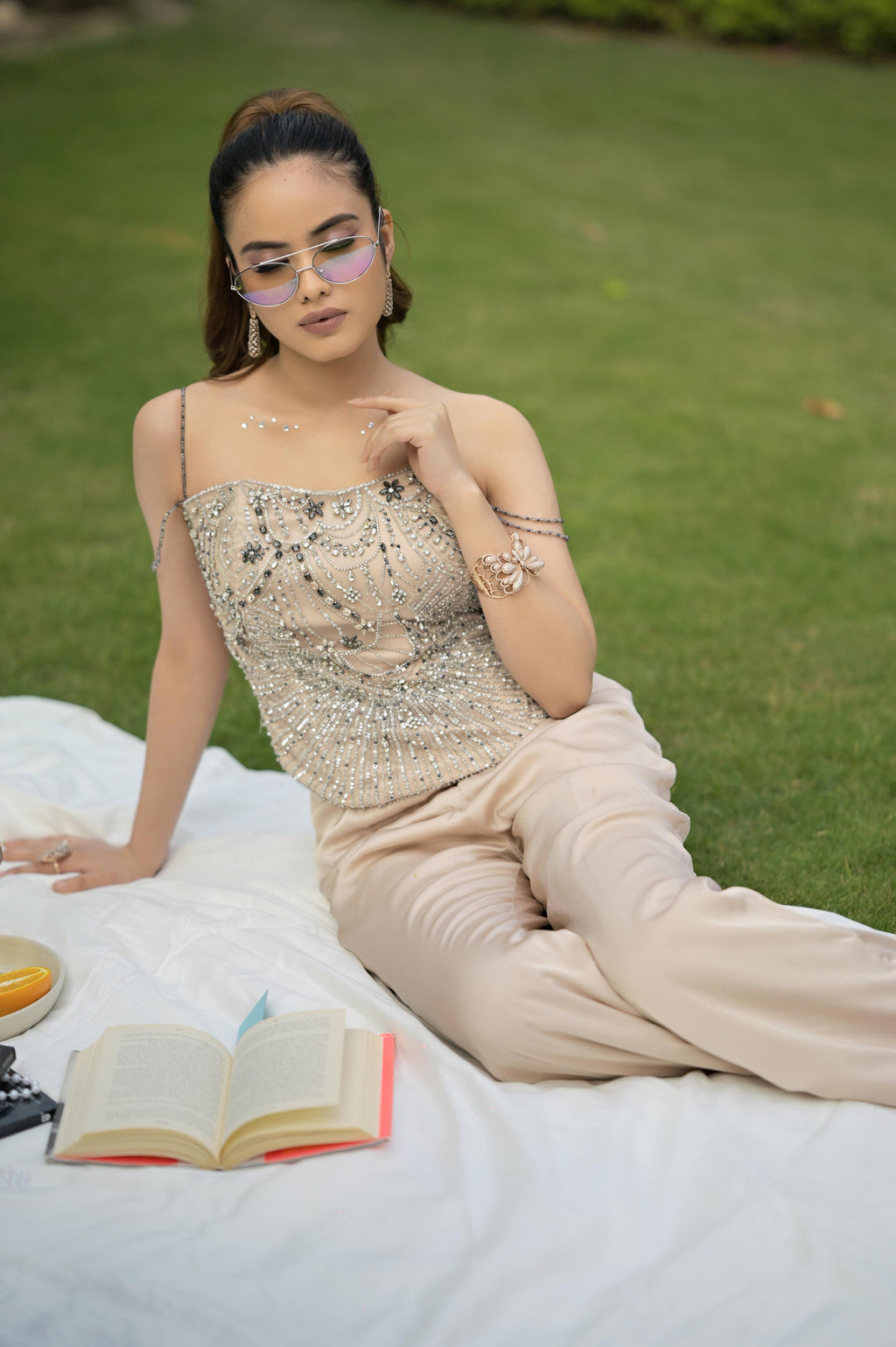 Soft Nude crystal hand-embroidered corset with a double-flap back, paired with satin pants