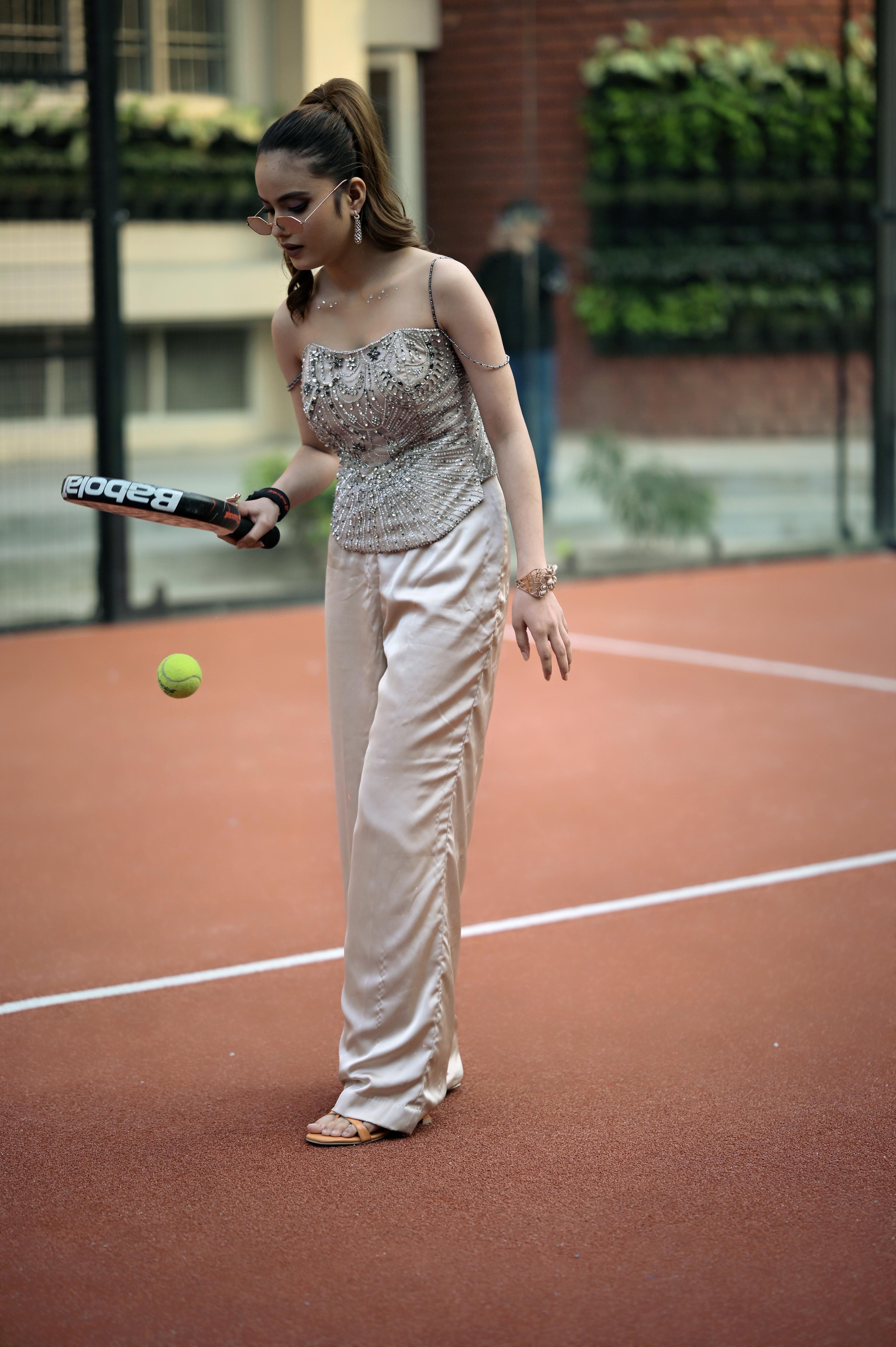 Soft Nude crystal hand-embroidered corset with a double-flap back, paired with satin pants