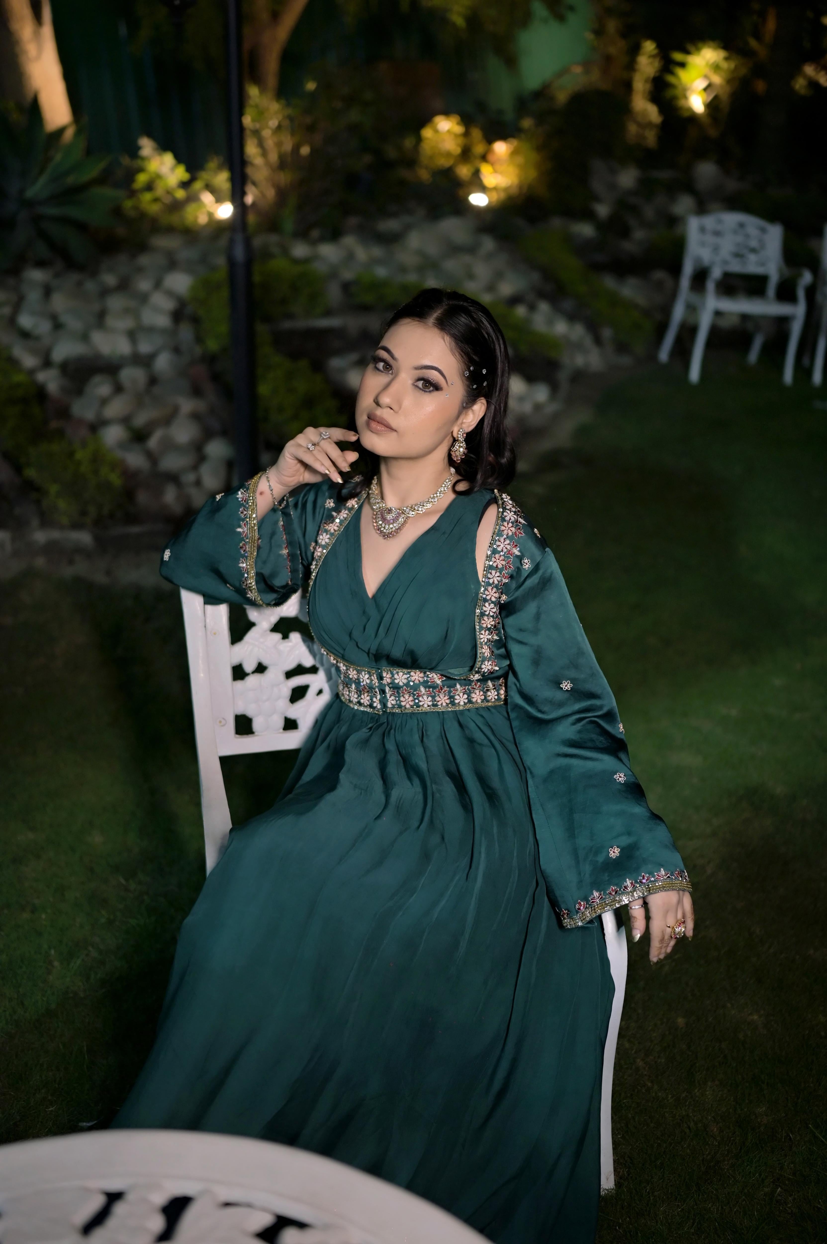 Emerald Green georgette dress paired with a traditional dabka-work jacket
